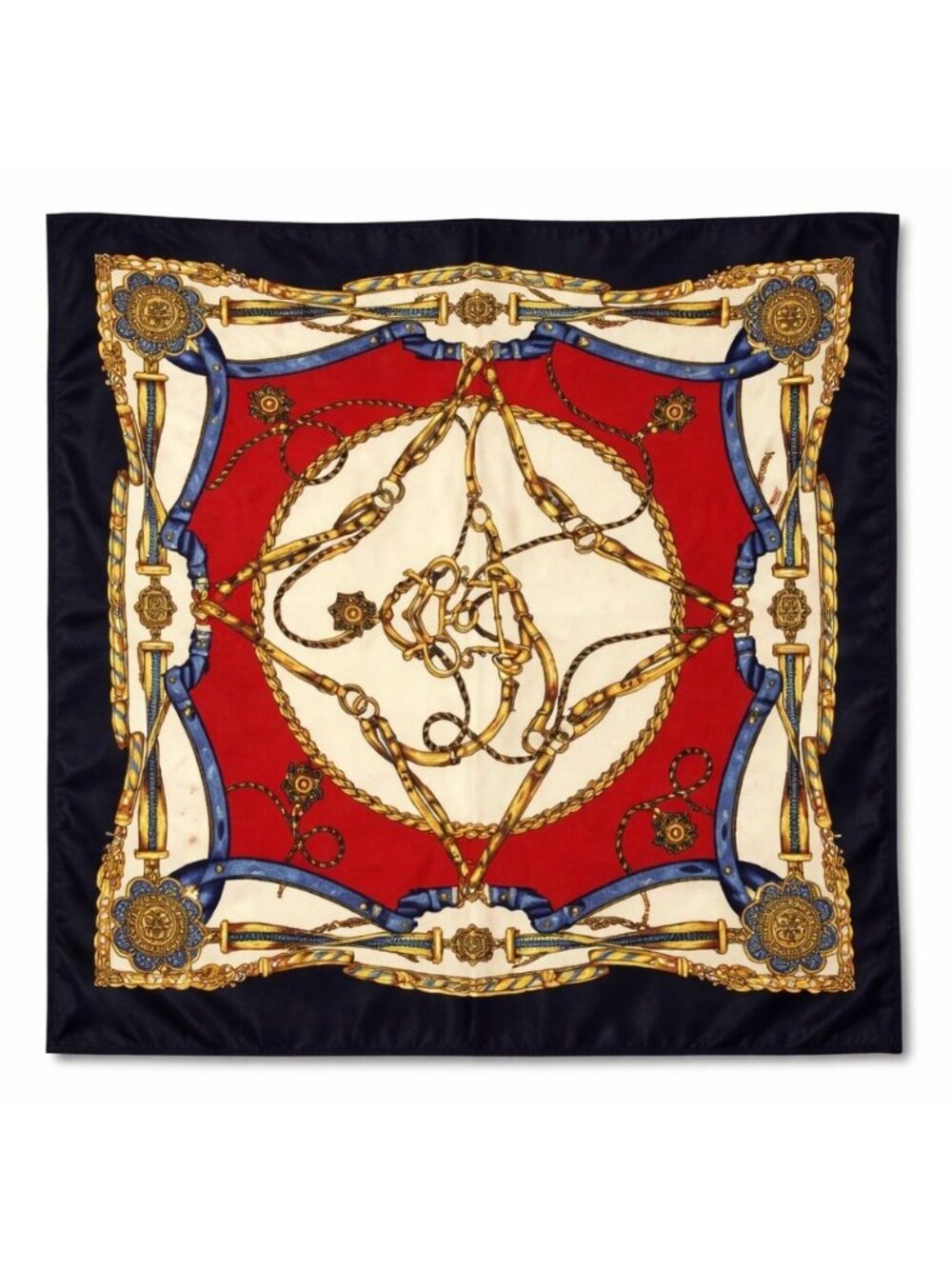 Red Navy Gold Equestrian Chain Satin Square Scarf 20x20 Hair Neck Wrap